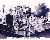  The photo was contributed by John Fabian, Region 9 director of the U.S. Navy Cruiser Sailors Association. John is the guitar player in the first row, second man from the right. The band leader was Ensign Roy Lang, the trombonist and the 12 fine musicians that made up a great entertaining band.

Also, the Marine trumpeter was Amory Houghton, Jr. Identities of the other members are not available. If any shipmates can identify any of the other band members, please let me know and we will add them onto the website.

 
 
